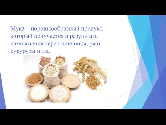 Мука – порошкообразный продукт, который получается в результате измельчения зерен пшеницы, ржи, кукурузы и т.д.