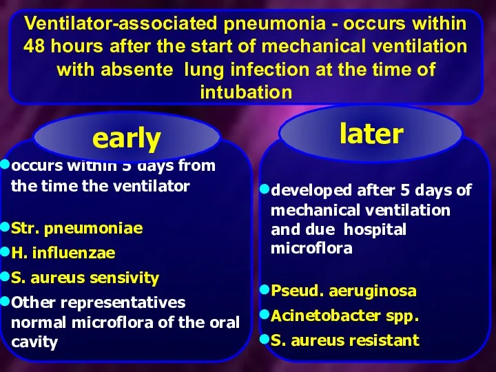Ventilator-associated pneumonia - occurs within 48 hours after the start