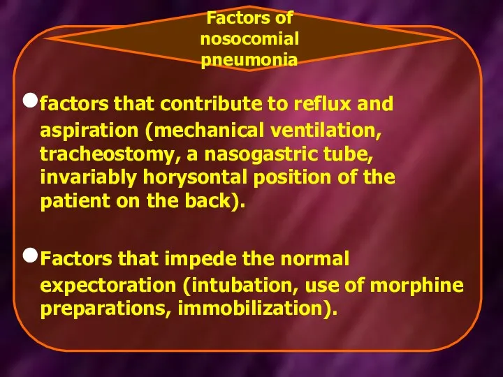 factors that contribute to reflux and aspiration (mechanical ventilation, tracheostomy,