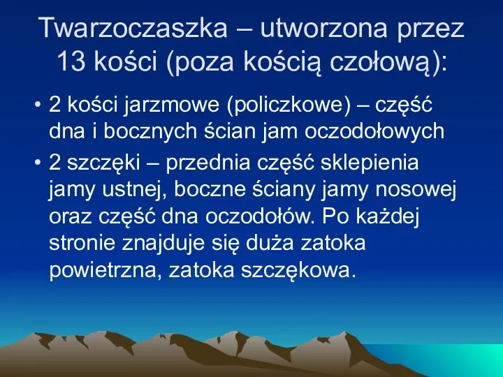 Twarzoczaszka – utworzona przez 13 kości (poza kością czołową): 2