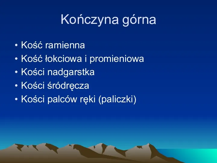 Kończyna górna Kość ramienna Kość łokciowa i promieniowa Kości nadgarstka Kości śródręcza Kości palców ręki (paliczki)