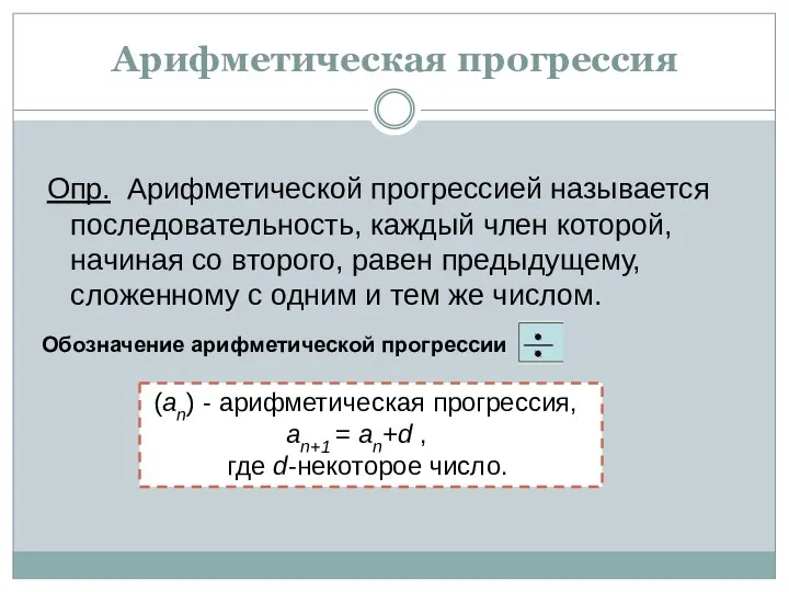 Арифметическая прогрессия Опр. Арифметической прогрессией называется последовательность, каждый член которой,