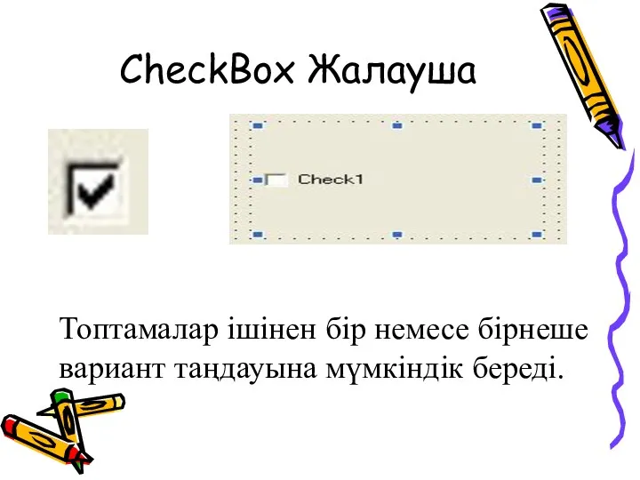 CheckBox Жалауша Топтамалар ішінен бір немесе бірнеше вариант таңдауына мүмкіндік береді.