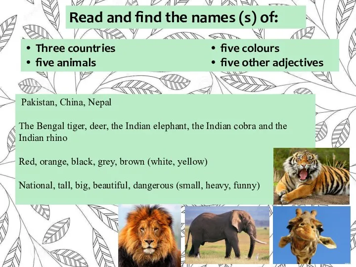 Pakistan, China, Nepal The Bengal tiger, deer, the Indian elephant, the Indian cobra