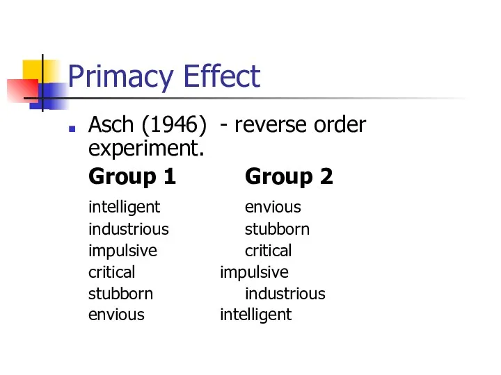 Primacy Effect Asch (1946) - reverse order experiment. Group 1