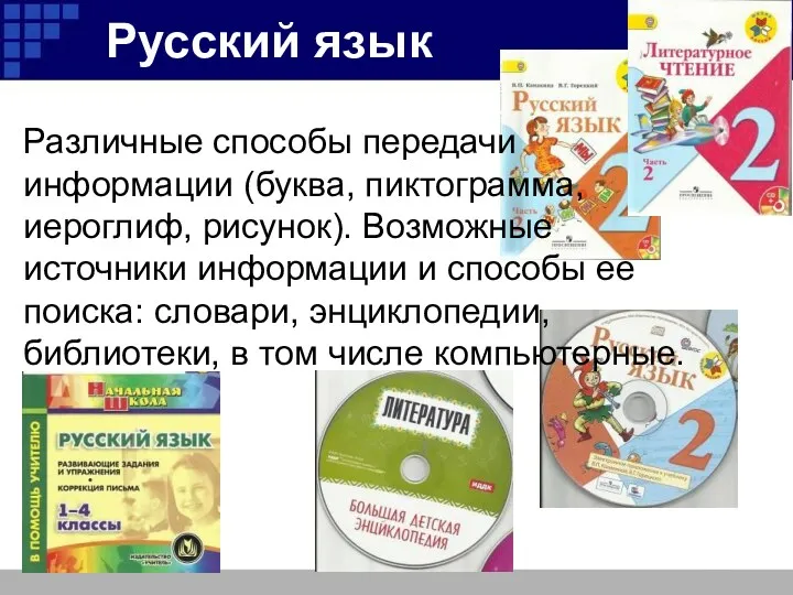 Русский язык Различные способы передачи информации (буква, пиктограмма, иероглиф, рисунок). Возможные источники информации