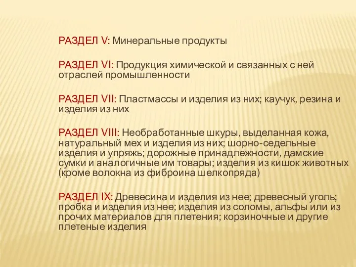 РАЗДЕЛ V: Минеральные продукты РАЗДЕЛ VI: Продукция химической и связанных