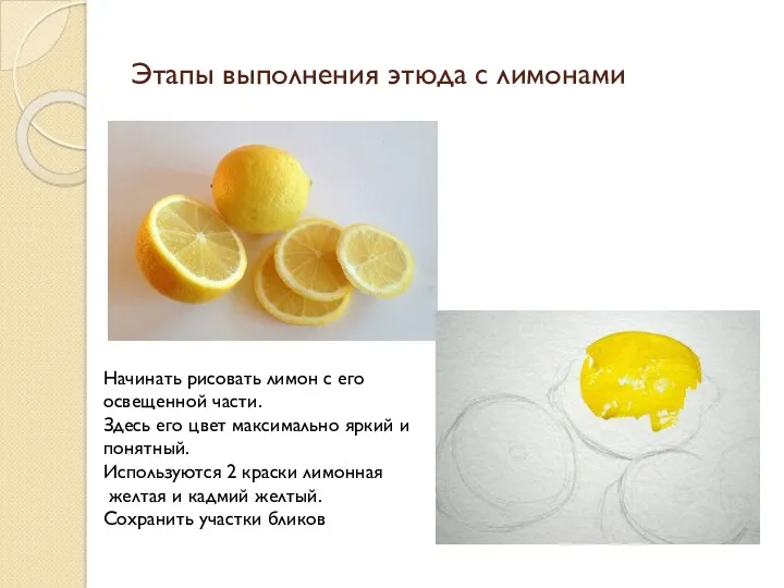 Этапы выполнения этюда с лимонами Начинать рисовать лимон с его освещенной части. Здесь