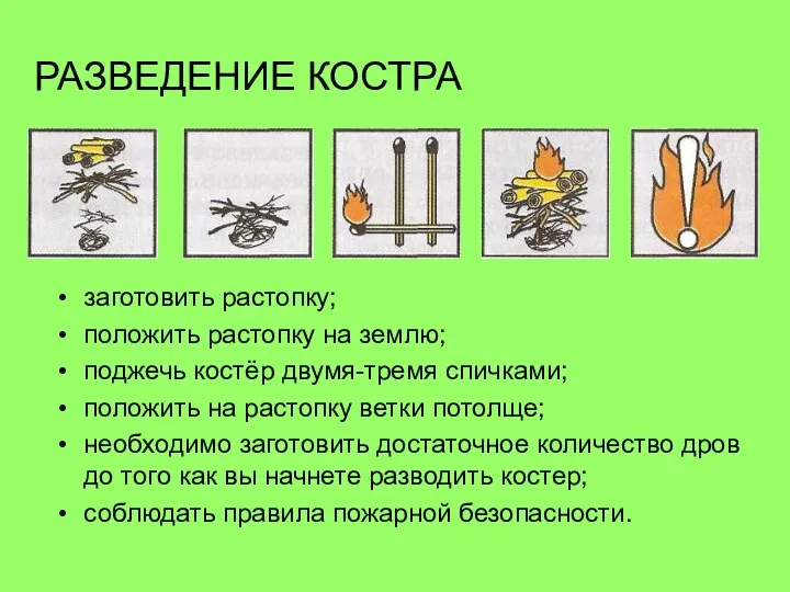 РАЗВЕДЕНИЕ КОСТРА заготовить растопку; положить растопку на землю; поджечь костёр