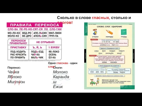 Сколько в слове гласных, столько и слогов! Перенос: Чайка Яблоко Миллион Слоги: Молоко