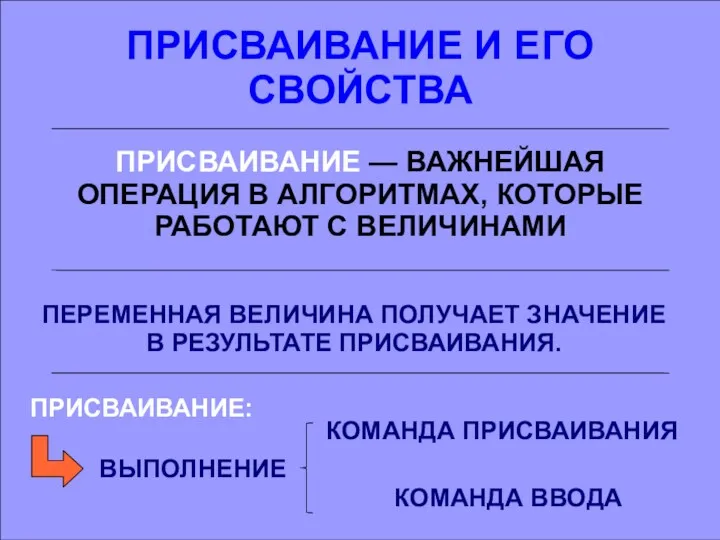 ПРИСВАИВАНИЕ И ЕГО СВОЙСТВА ПРИСВАИВАНИЕ — ВАЖНЕЙШАЯ ОПЕРАЦИЯ В АЛГОРИТМАХ,