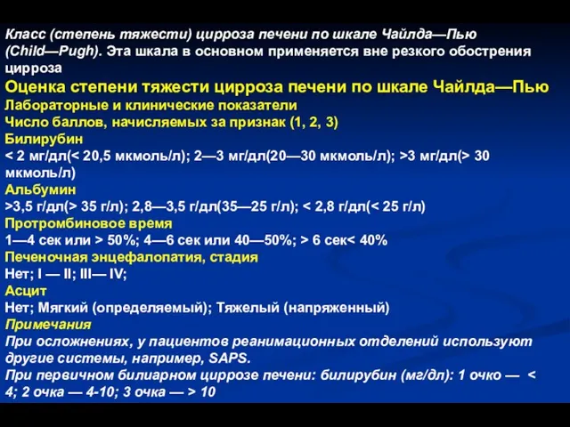 Класс (степень тяжести) цирроза печени по шкале Чайлда—Пью (Child—Pugh). Эта