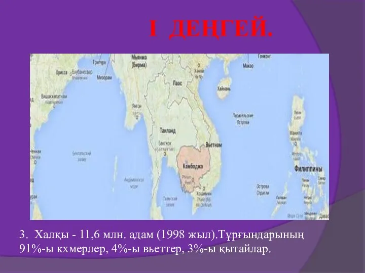 I ДЕҢГЕЙ. 3. Халқы - 11,6 млн. адам (1998 жыл).Тұрғындарының 91%-ы кхмерлер, 4%-ы вьеттер, 3%-ы қытайлар.