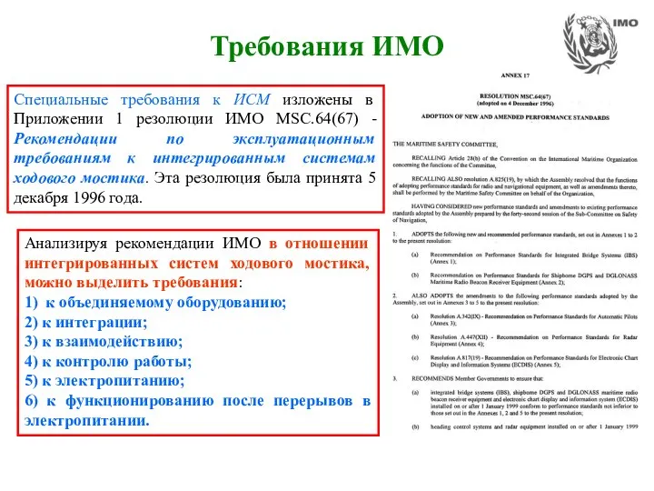 Требования ИМО Специальные требования к ИСМ изложены в Приложении 1