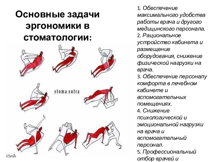 Основные задачи эргономики в стоматологии: 1. Обеспечение максимального удобства работы