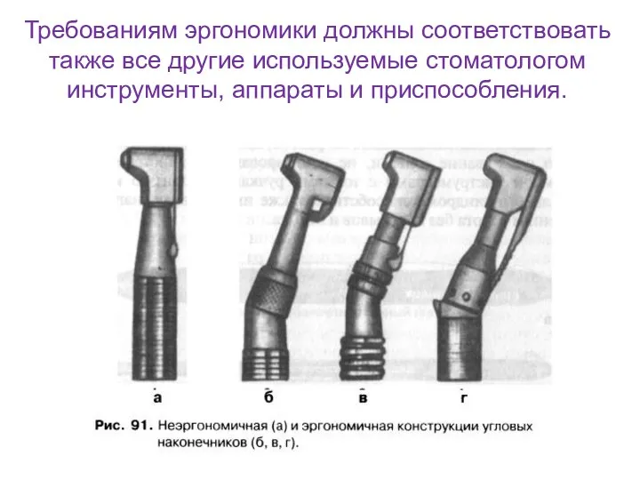 Требованиям эргономики должны соответствовать также все другие используемые стоматологом инструменты, аппараты и приспособления.