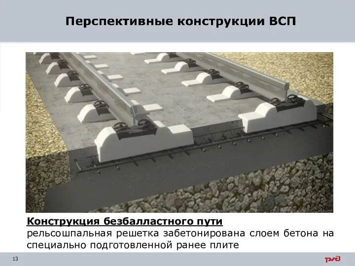 Конструкция безбалластного пути рельсошпальная решетка забетонирована слоем бетона на специально подготовленной ранее плите