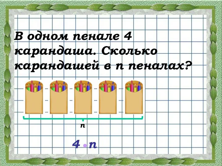 В одном пенале 4 карандаша. Сколько карандашей в п пеналах? п 4 п