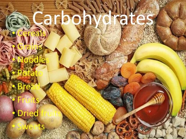 Carbohydrates Cereals Grains Noodles Potato Bread Fruits Dried fruits Sweets