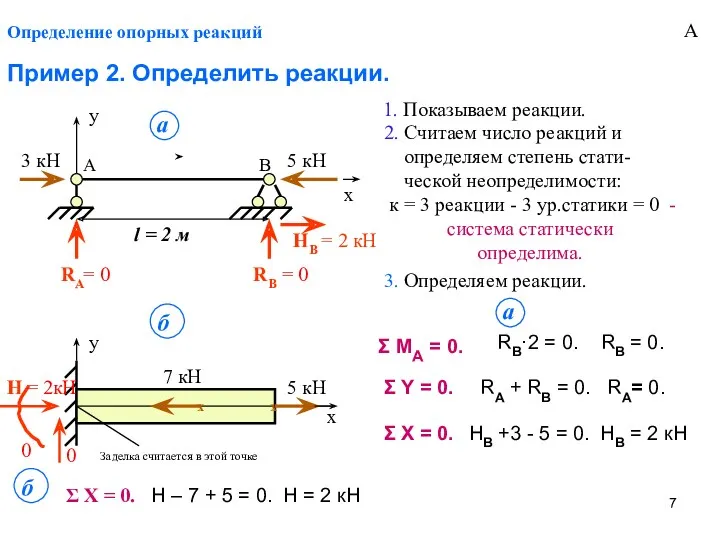 Определение опорных реакций Пример 2. Определить реакции. 5 кН 3