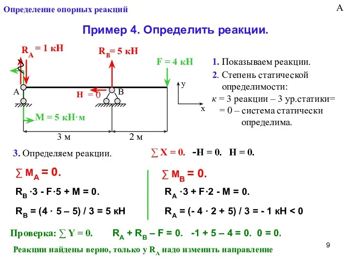 Определение опорных реакций Пример 4. Определить реакции. А В М