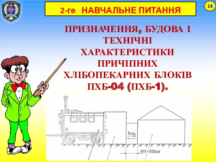 2-ге НАВЧАЛЬНЕ ПИТАННЯ ПРИЗНАЧЕННЯ, БУДОВА І ТЕХНІЧНІ ХАРАКТЕРИСТИКИ ПРИЧІПНИХ ХЛІБОПЕКАРНИХ БЛОКІВ ПХБ-04 (ПХБ-1). 14