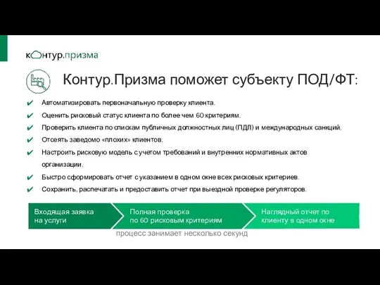 Контур.Призма поможет субъекту ПОД/ФТ: Автоматизировать первоначальную проверку клиента. Оценить рисковый