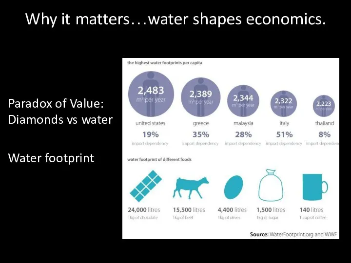 Why it matters…water shapes economics. Paradox of Value: Diamonds vs water Water footprint