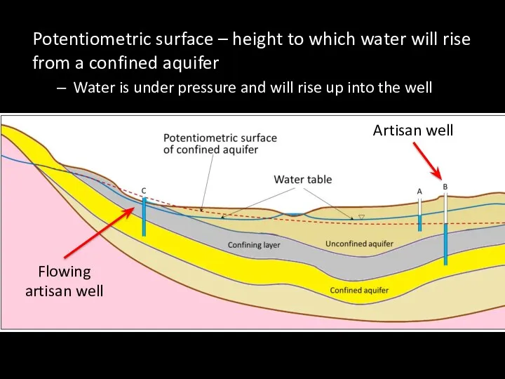Potentiometric surface – height to which water will rise from