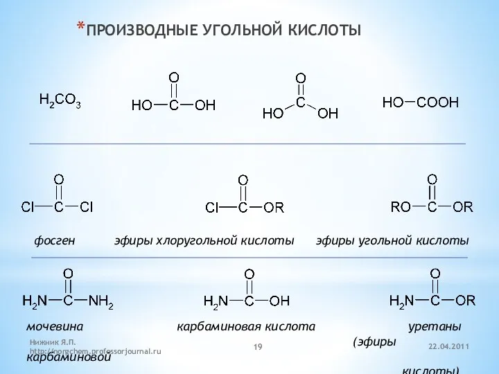 ПРОИЗВОДНЫЕ УГОЛЬНОЙ КИСЛОТЫ фосген эфиры хлоругольной кислоты эфиры угольной кислоты