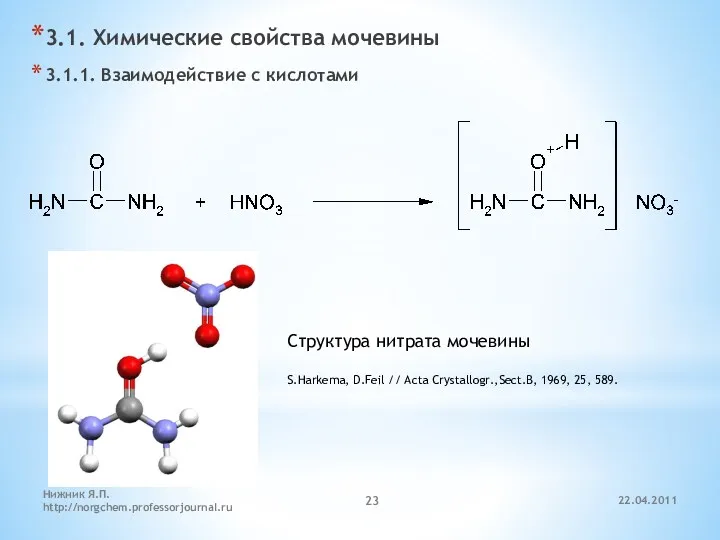 3.1. Химические свойства мочевины 3.1.1. Взаимодействие с кислотами Структура нитрата