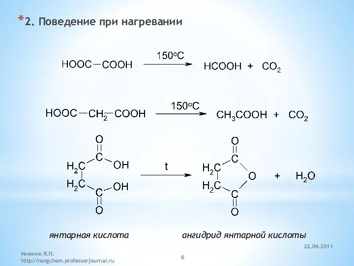 2. Поведение при нагревании янтарная кислота ангидрид янтарной кислоты 22.04.2011 Нижник Я.П. http://norgchem.professorjournal.ru