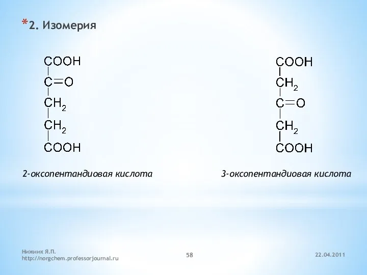 2. Изомерия 2-оксопентандиовая кислота 3-оксопентандиовая кислота 22.04.2011 Нижник Я.П. http://norgchem.professorjournal.ru