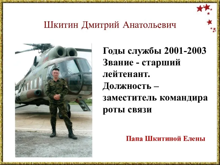 Шкитин Дмитрий Анатольевич Годы службы 2001-2003 Звание - старший лейтенант. Должность – заместитель