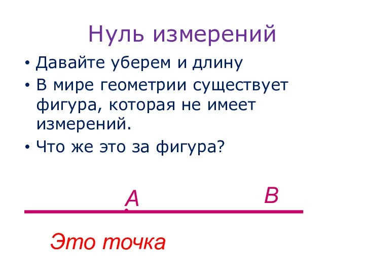 Нуль измерений Давайте уберем и длину В мире геометрии существует