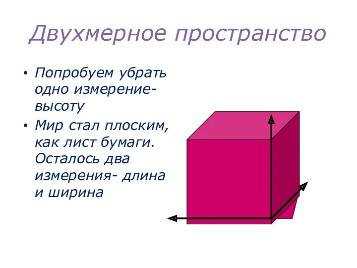 Двухмерное пространство Попробуем убрать одно измерение- высоту Мир стал плоским,