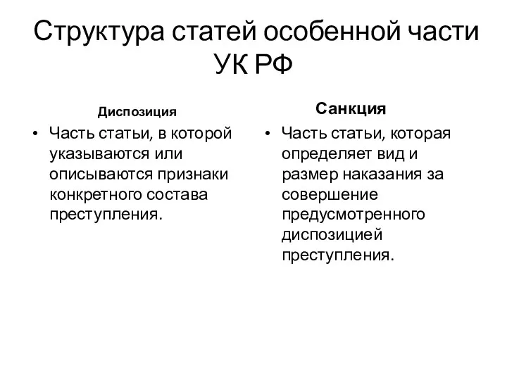 Структура статей особенной части УК РФ Диспозиция Часть статьи, в которой указываются или