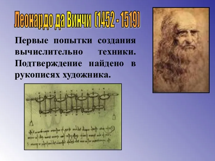 Первые попытки создания вычислительно техники. Подтверждение найдено в рукописях художника. Леонардо да Винчи (1452 - 1519)