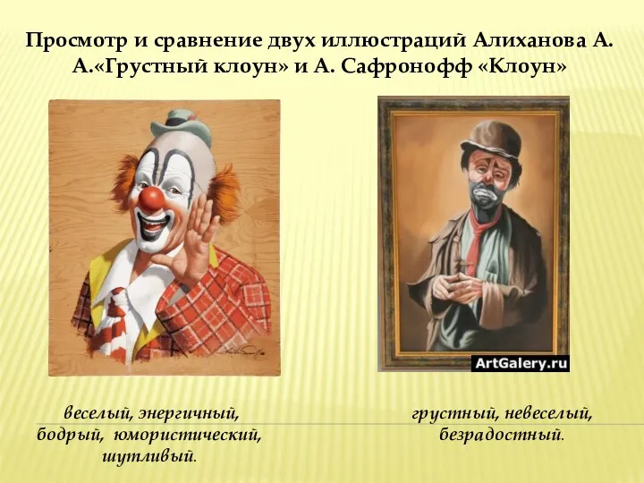 Просмотр и сравнение двух иллюстраций Алиханова А.А.«Грустный клоун» и А.