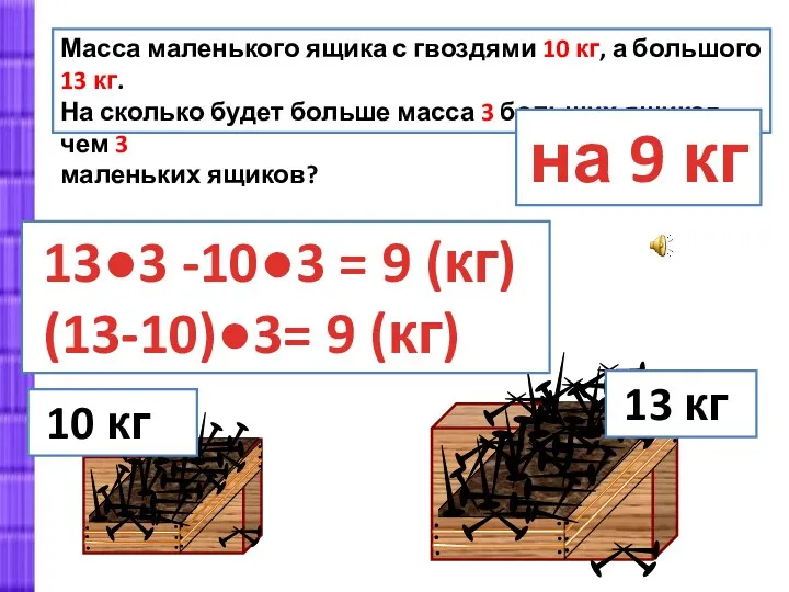 10 кг 13 кг Масса маленького ящика с гвоздями 10 кг, а большого