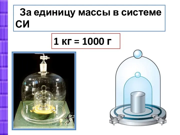 За единицу массы в системе СИ принят 1 кг 1 кг = 1000 г