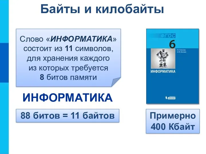 Байты и килобайты Слово «ИНФОРМАТИКА» состоит из 11 символов, для