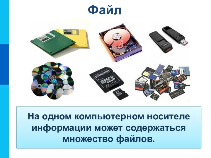 На одном компьютерном носителе информации может содержаться множество файлов. Файл