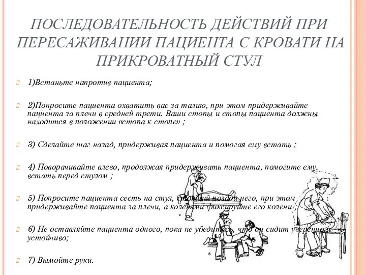 ПОСЛЕДОВАТЕЛЬНОСТЬ ДЕЙСТВИЙ ПРИ ПЕРЕСАЖИВАНИИ ПАЦИЕНТА С КРОВАТИ НА ПРИКРОВАТНЫЙ СТУЛ