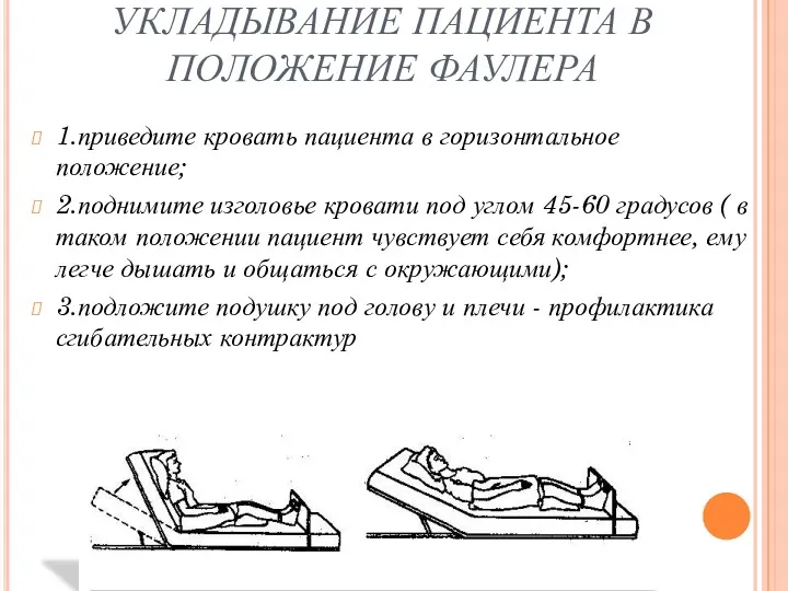 УКЛАДЫВАНИЕ ПАЦИЕНТА В ПОЛОЖЕНИЕ ФАУЛЕРА 1.приведите кровать пациента в горизонтальное