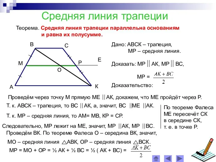 Средняя линия трапеции Теорема. Средняя линия трапеции параллельна основаниям и