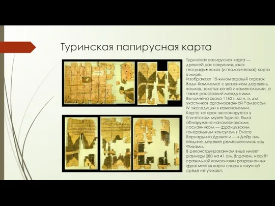 Туринская папирусная карта Туринская папирусная карта — древнейшая сохранившаяся географическая (и геологическая) карта