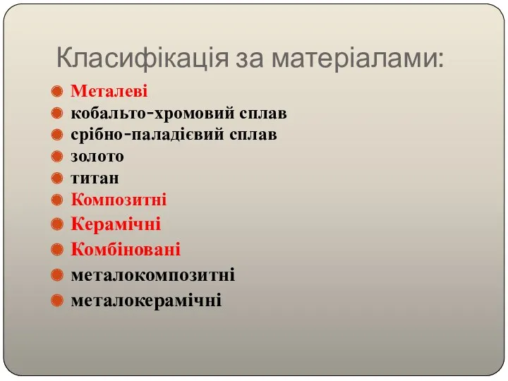 Класифікація за матеріалами: Металеві кобальто-хромовий сплав срібно-паладієвий сплав золото титан Композитні Керамічні Комбіновані металокомпозитні металокерамічні