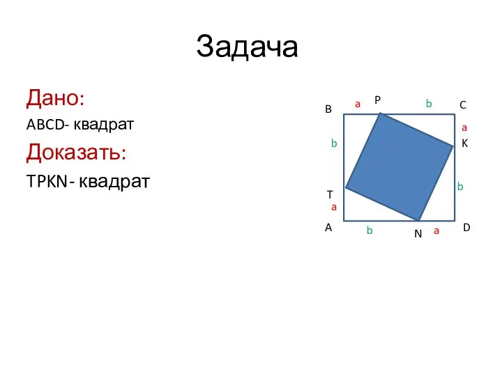 Задача Дано: ABCD- квадрат Доказать: TPKN- квадрат A B C