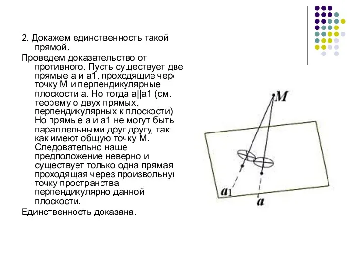 2. Докажем единственность такой прямой. Проведем доказательство от противного. Пусть